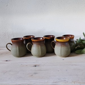 Vintage Mugs set of 6 300ml Safari Stoneware by Dana olive green and Tan glaze sand texture pottery cups