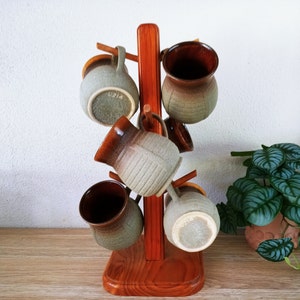 6 Vintage Mugs and mug tree stand Safari Stoneware by Dana Tan glaze sand texture pottery cups