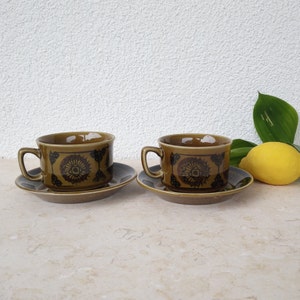 Stavangerflint Norway vintage cups and saucers retro Mid century olive green geometric pattern