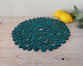 Wooden bead Trivet or placemat, boho turquoise vintage table protector mat