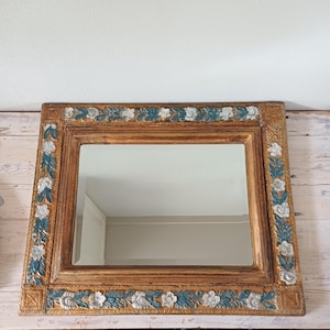 Gold carved wood framed mirror, 58x49cm vintage gilded ornate floral design bevelled edge
