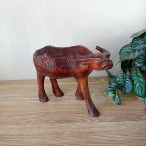 Vintage hand carved Bull, wooden buffalo cow sculpture, handmade animal ornament