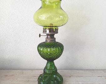 Green glass oil lamp, vintage pressed glass kerosene light with original shade