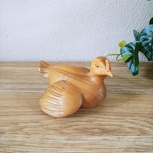 Vintage hand carved wood Quail hen sculpture, seated nesting bird ornament