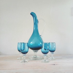 Blue Empoli jug set, vintage Glass decanter pitcher and 5 wine glasses, clear twist stems made in Italy