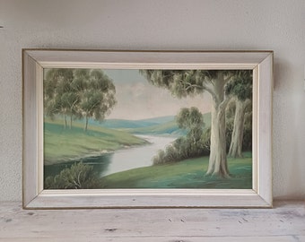 Original vintage oil painting of Australian scene, framed artwork on board