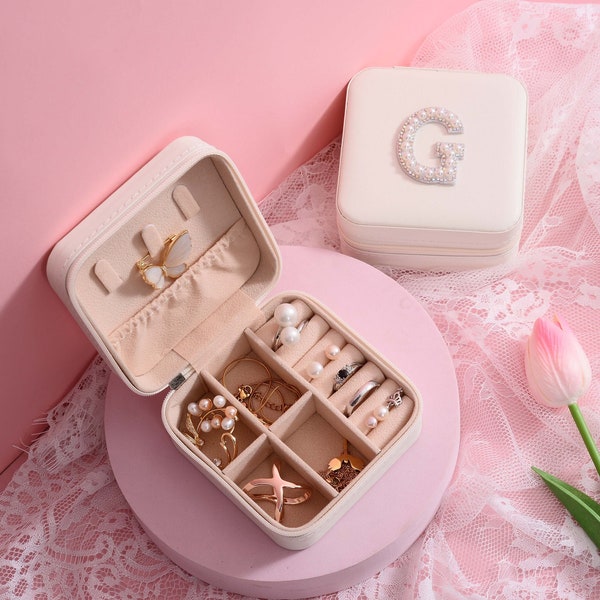 Personalized Jewelry Box | Bridesmaid Proposal Gift | Wedding Jewelry From Bride | Travel Jewelry Box | pearl Letter