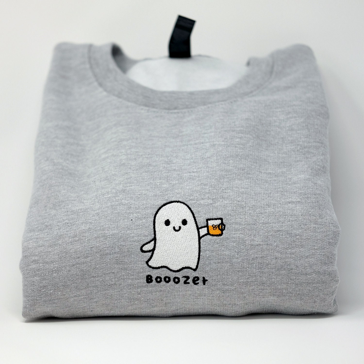 Discover Cute Smiley Booozer Halloween Ghost Drinking Whiskey Embroidered Sweatshirt