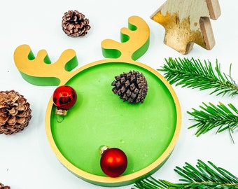 Green and gold reindeer candle decorative tray