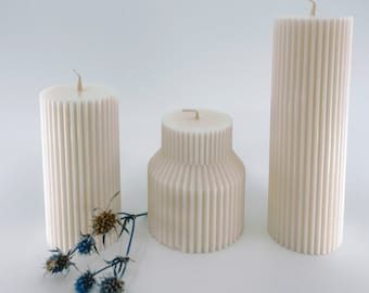 Set of 3 Ribbed Cream Pillar Candles