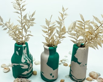 Set of 3 Turquoise and White Jesmonite Vases with dried flowers.