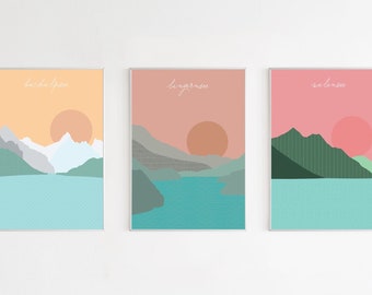 Set of 3 Posters with Swiss Lakes Walensee Lungernsee Bachalpsee A3