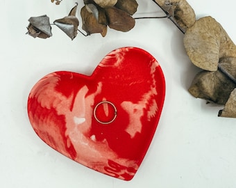 Red and Pink Marble Effect Jesmonite Heart trinket jewellery tray