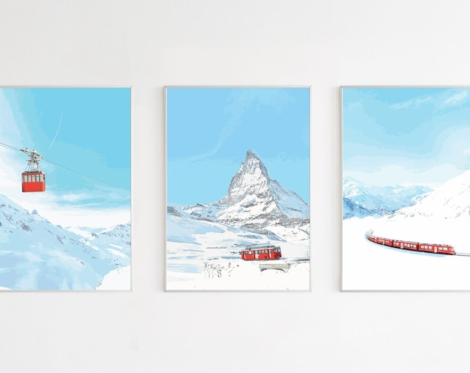 Featured listing image: Set of 3 Posters with Swiss Mountains: Red Funicular, Red Train, Red Cable Car A3