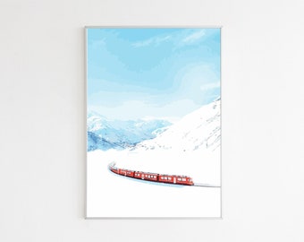 Poster with Swiss Mountains: Red Train A3