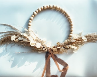 Wreath with Wooden Beats and Dried Flowers