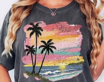 Comfort Colors® Sunset Beach Shirt, Palm Tree Shirt, Coastal Shirt, Summer Vacation Shirt, Tropical Ocean Graphic Shirt, Unisex Beach Shirt