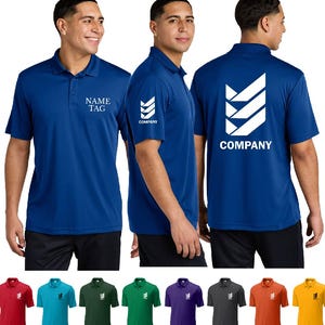 May include: Royal blue polo shirts with white logo and text. The shirts have short sleeves and a collared neckline. The front of the shirt has the text "NAME TAG" and the company logo. The back of the shirt has the company logo and the word "COMPANY".