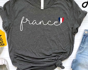 France Shirt with Heart Flag, French Pride Tee, Minimalist Travel Shirt, Cute Paris Gift, Aesthetic France Vacation Top for Him
