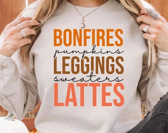 Bonfires Pumpkins Leggings Maglioni Felpa Lattes, Felpa del Ringraziamento, Maglione autunnale, Camicia Ciao autunnale, Regalo del Ringraziamento