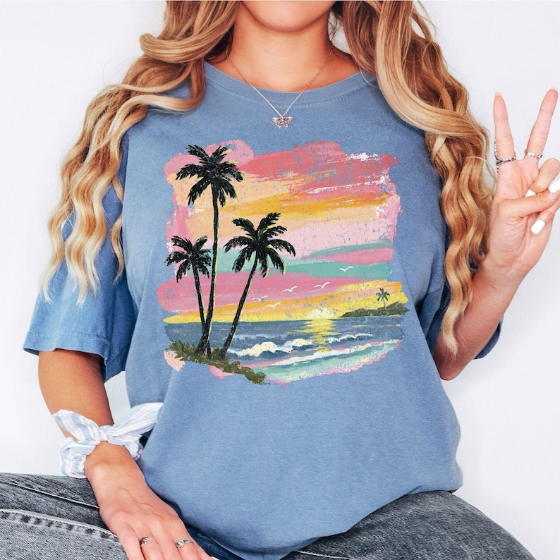 Comfort Colors® Sunset Beach Shirt, Palm Tree Shirt, Coastal Shirt, Summer Vacation Shirt, Tropical Ocean Graphic Shirt, Unisex Beach Shirt 画像 7
