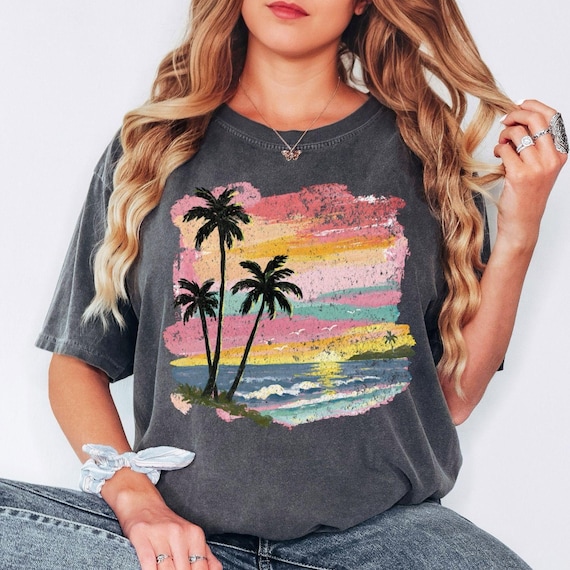 Comfort Colors® Sunset Beach Shirt, Palm Tree Shirt, Coastal Shirt, Summer Vacation Shirt, Tropical Ocean Graphic Shirt, Unisex Beach Shirt