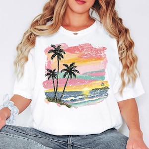 Comfort Colors® Sunset Beach Shirt, Palm Tree Shirt, Coastal Shirt, Summer Vacation Shirt, Tropical Ocean Graphic Shirt, Unisex Beach Shirt 画像 3
