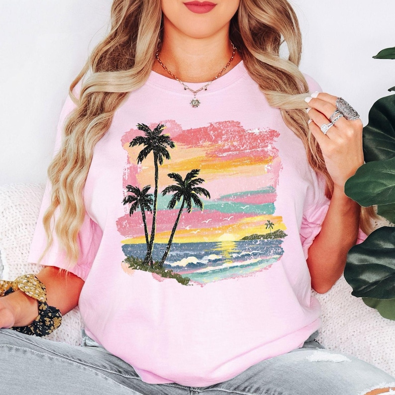 Comfort Colors® Sunset Beach Shirt, Palm Tree Shirt, Coastal Shirt, Summer Vacation Shirt, Tropical Ocean Graphic Shirt, Unisex Beach Shirt 画像 6