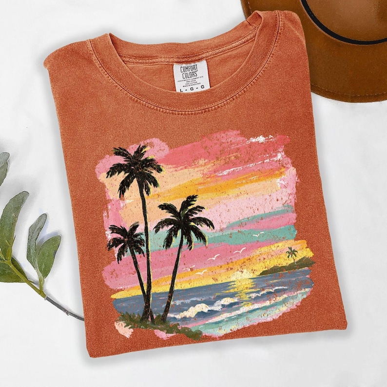 Comfort Colors® Sunset Beach Shirt, Palm Tree Shirt, Coastal Shirt, Summer Vacation Shirt, Tropical Ocean Graphic Shirt, Unisex Beach Shirt 画像 9