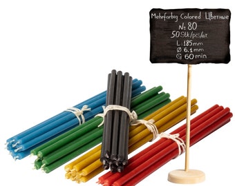 Pack of 50 Diveevo church beeswax candles N80 high-quality ritual candles 18.5 cm Ø-6.1 mm I 60 min burning time in yellow red green blue black