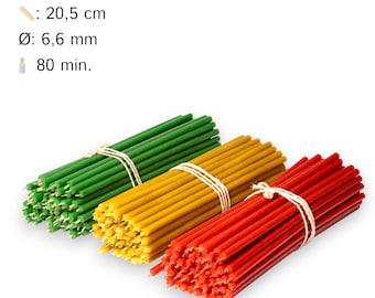 Pack de 150 bougies d'église en cire d'abeille Diveevo N60 bougies rituelles de haute qualité I longueur : 20,5 cm Ø-6,6 mm I durée de combustion 80 min I jaune, rouge, vert