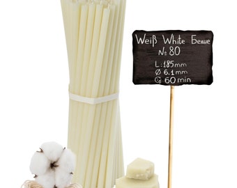Pak van 20-100 kaarsenbundels, bijenwaskaarsen, hoogwaardige rituele kaarsen, 18,5 cm diameter - 6,1 mm, 60 min. brandtijd in wit N80