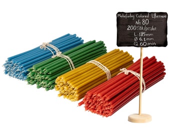 200 Diveevo Church Beeswax Candles N80 High-Quality Ritual Candles 18.5 cm Ø-6.1 mm | 60 Min Burning Time in Yellow, Red, Green, Blue