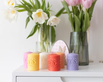 Handmade cylinder Easter candle made from natural soy wax for special moments 7.5 cm