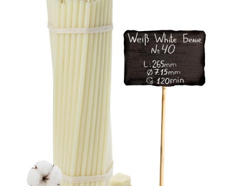 Kerzen aus reinem Bienenwachs in Weiß Nr. 40, L: 26,5cm, Ø- 7,15 mm, Brenndauer 120 Min Hochwertige Ritualkerzen, tropffrei, gut zu biegen