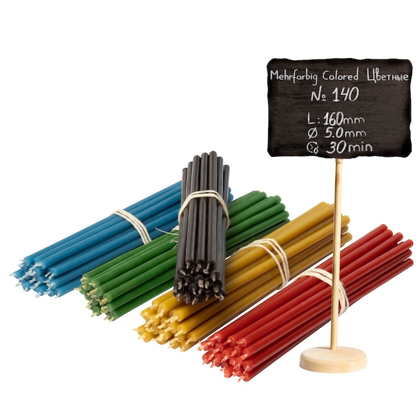 Confezione da 50 candele di cera d'api da chiesa Diveevo N140 candele rituali di alta qualità 16 cm Ø-5 mm I 30 minuti di durata in giallo rosso verde blu nero