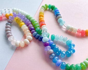 8mm Rainbow Faceted Dyed Jade And Glass And Crystal Rondelle Pack Ombre Bead Roller Beads Multicolor for Neckalces and Bracelet Set/ Kit