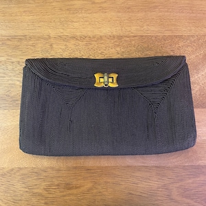 Vintage Black Corded Evening Clutch ~ 1940s Handbag ~ Cocktail Purse