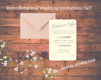 Wedding Invitations ~ Printable ~ Boho Botanical ~ Canva Template ~ Digital Download