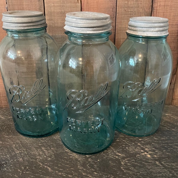 1913-1925 Tall Ball Mason Jar ~ 1/2 gallon ~ Triple L logo ~ bubble glass ~ blue glass ~ antique mason jars - one offset logo