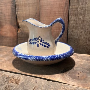 Loomco spongeware pottery blue and beige mini pitcher and saucer vintage farmhouse