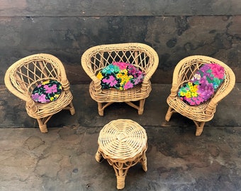 Miniature Wicker Doll Furniture ~ 1:12 scale w/cushions ~ 7pc Set