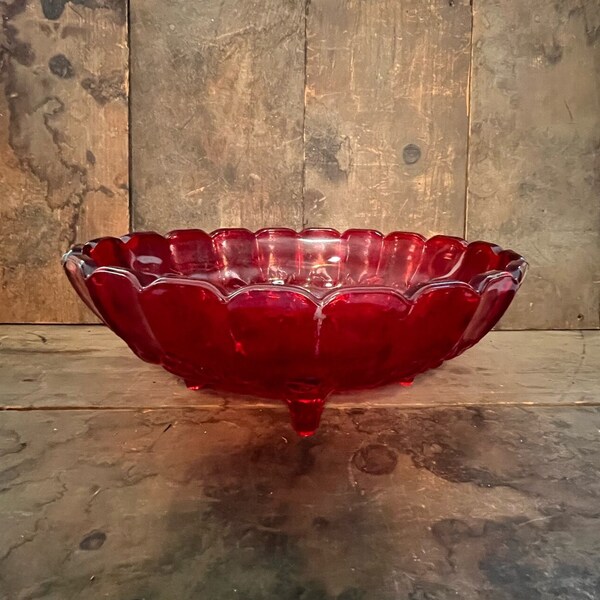 Vintage Indiana Carnival Red Glass Footed Fruit Bowl Harvest Grape