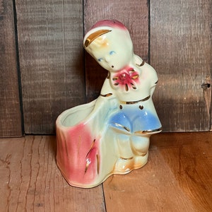 Vintage Shawnee 533 kitsch succulent planter boy with red hat pottery