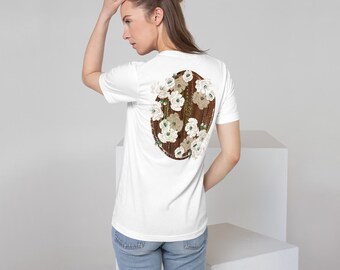 T-shirt de poche unisexe à fleur ovale en bois