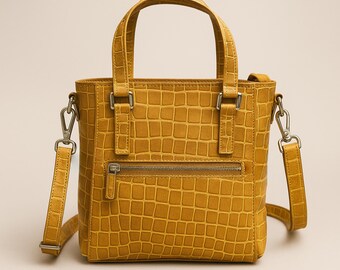 Leather Handbag in Crocodile Pattern, Top Handle and Crossbody, Gift for Her