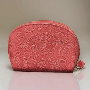 Petit portefeuille pochette fleuri pour femme, Cuir pleine fleur gaufré, Portefeuille à glissière, Serrure à bouton-pression, Blocage RFID, Cadeau pour elle