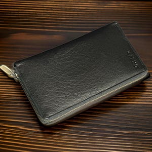Portefeuille long en cuir, Cuir fleur naturel, Manteau portefeuille, Portefeuille de voyage, Coffre-fort RFID, Bracelet, Portefeuille à glissière, Cadeau pour elle, Cadeau pour lui
