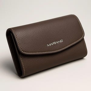Full Grain Leather Wallet for Women, Magnetic Snap Button Lock, Contrast Stitch Pattern, Trifold, Multiple Compartments, Gift for Her