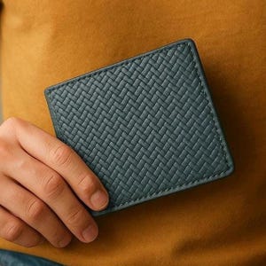 Portefeuille à deux volets de fabrication artisanale, Portefeuille à motif interlock unique, Cuir authentique repoussé, Blocage RFID, Portefeuille fin, Cadeau pour lui